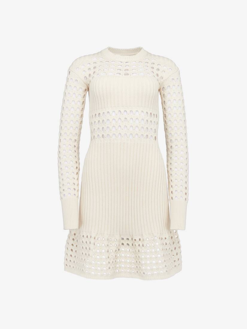 Women's Knitted Mesh Mini Dress in Ivory - 1