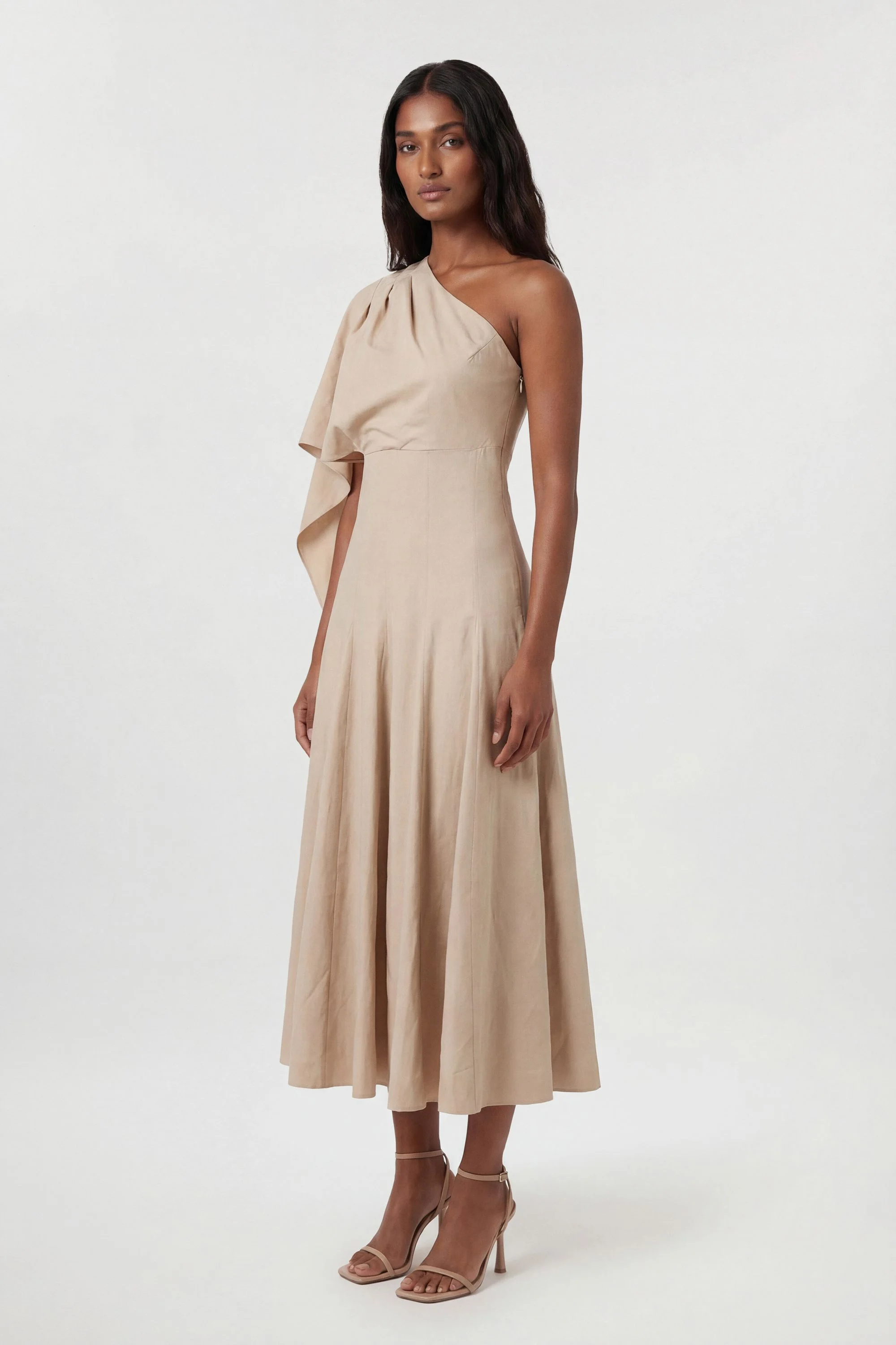 Petite Premium Tailored Linen High Neck One Shoulder Full Midi Dress - 1