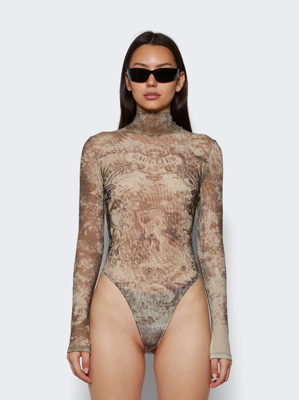 Open Back Mesh Bodysuit Beige Médaillon Print - 2