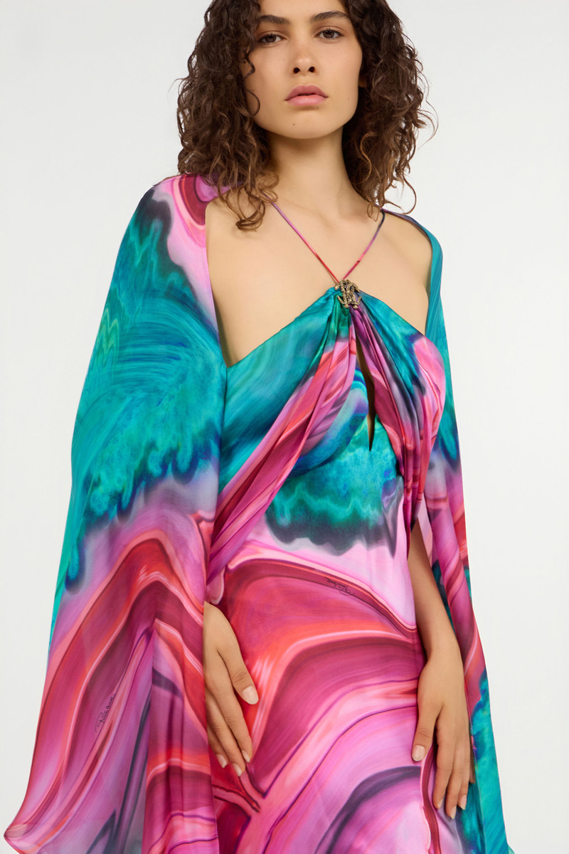 Long silk dress with cut-out and multicolor marble print 7