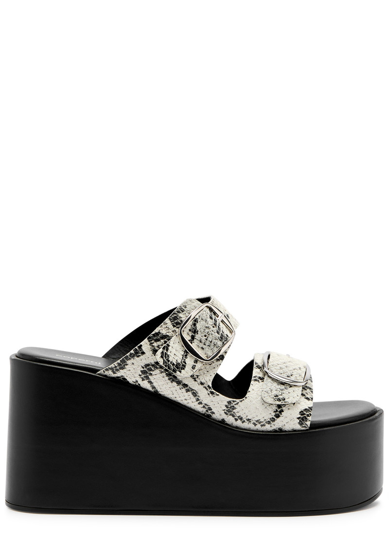 Python-effect leather platform wedge sliders 1