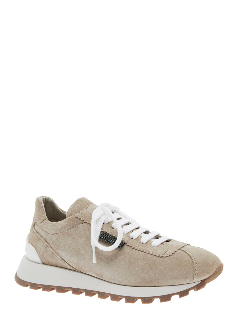 Brunello Cucinelli Women Beige Low Top Sneakers With Monil Detail On The Side And Embossed Logo Lett - 2