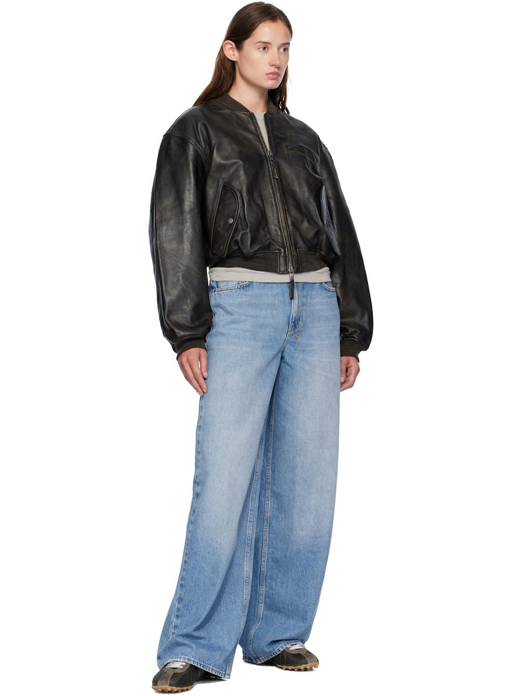 Black Alpha Crop Leather Bomber Jacket - 4
