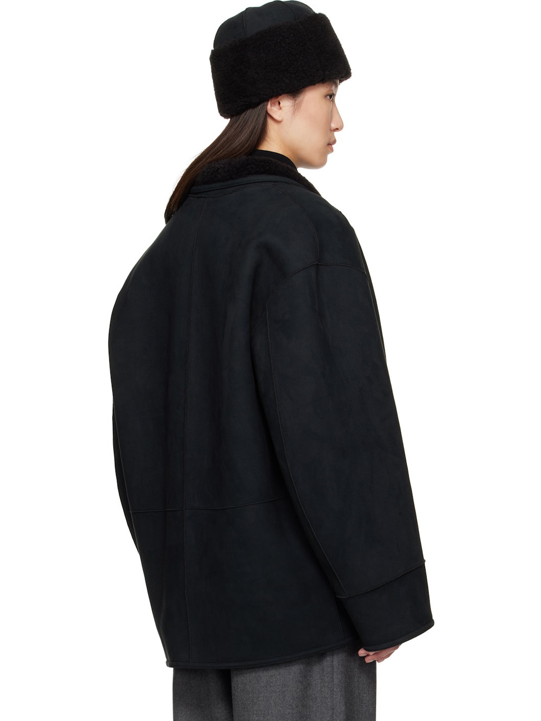 Black Shawl Collar Faux-Shearling Jacket - 3