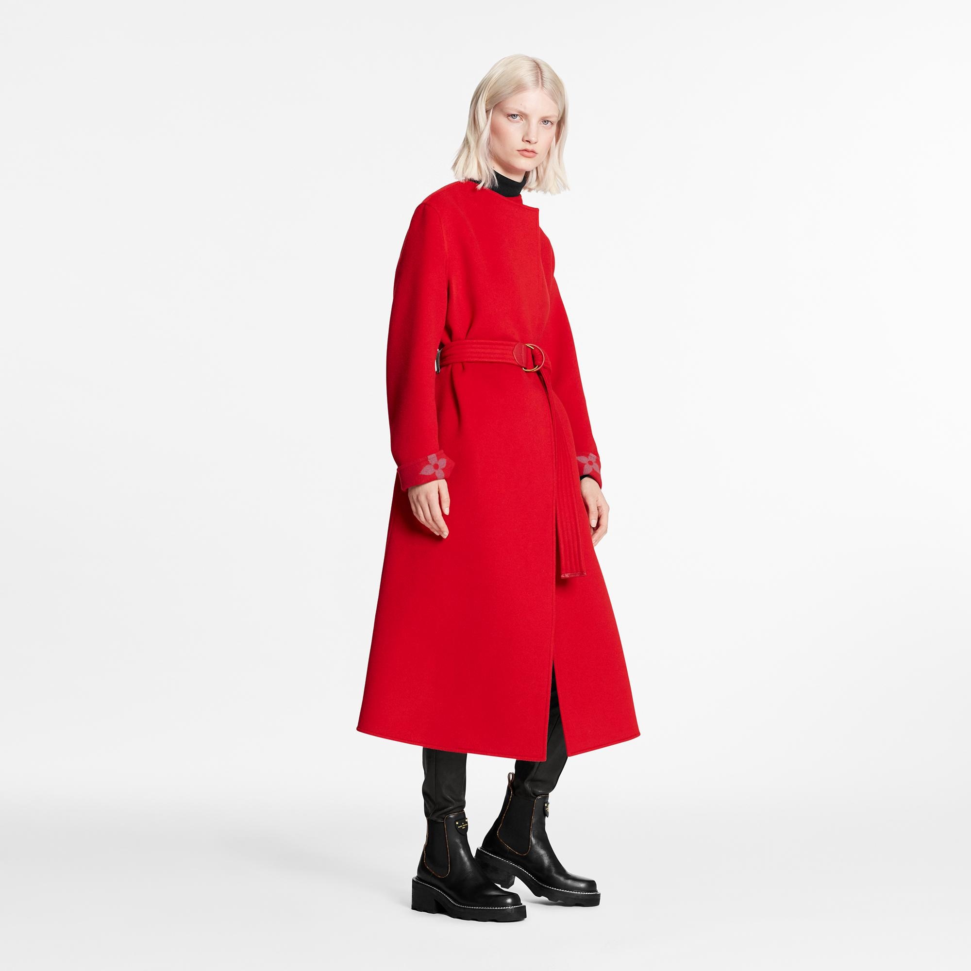 Collarless Red Wool Wrap Coat - 4