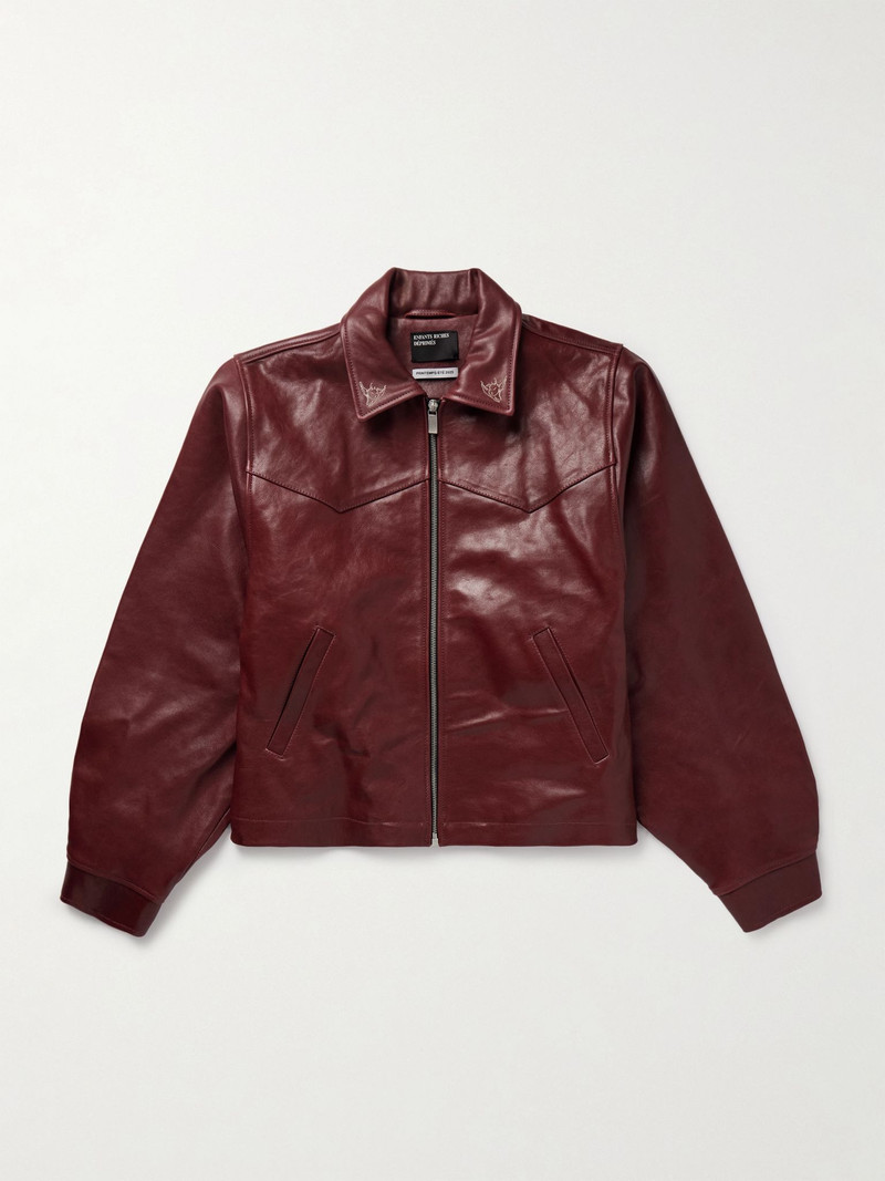 Principe de L'Amour Cropped Embroidered Leather Jacket Burgundy 1