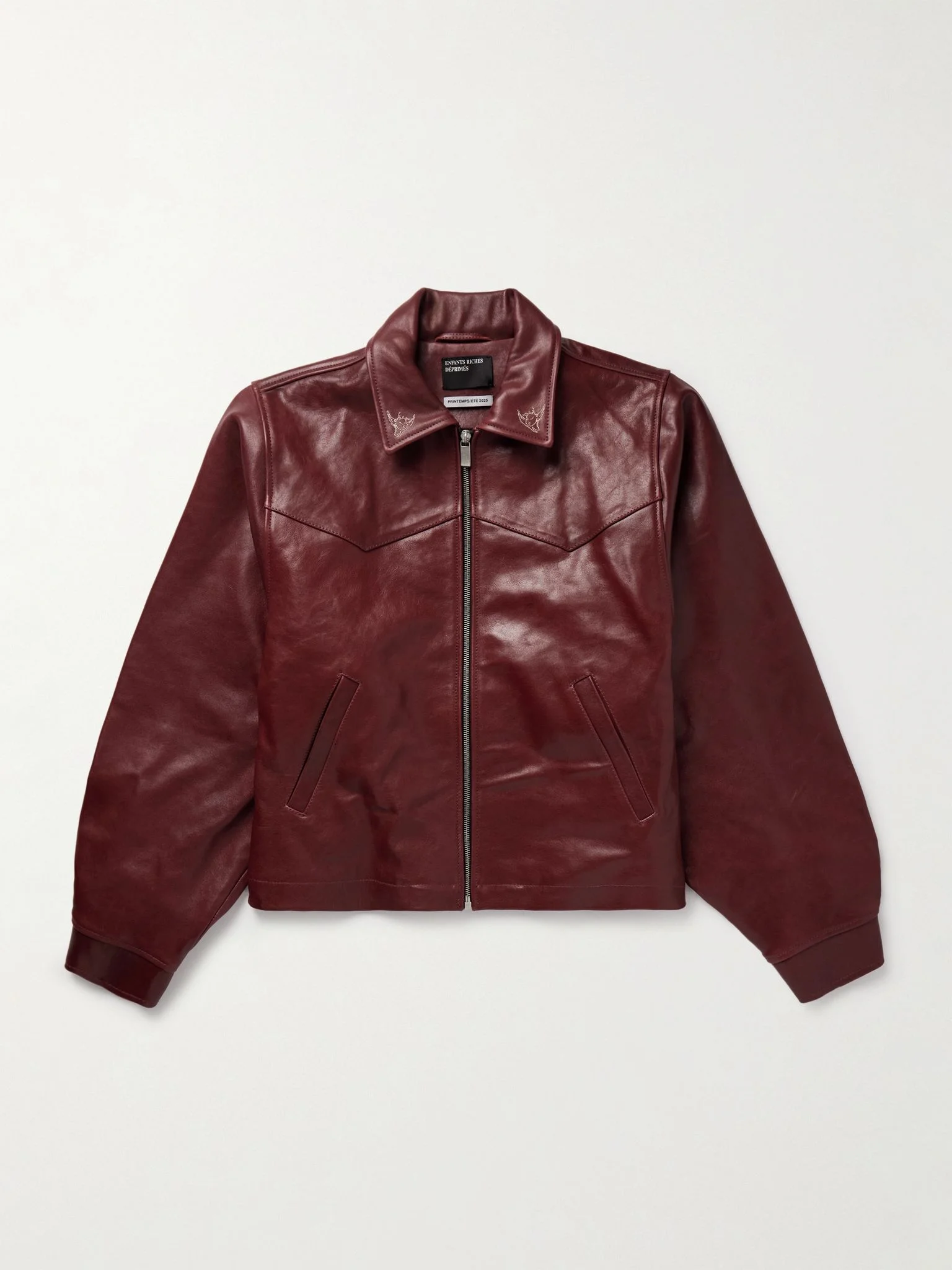 Principe de L'Amour Cropped Embroidered Leather Jacket Burgundy - 1