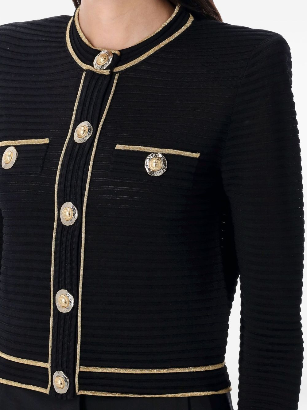 ribbed gold-trimmed cardigan - 3