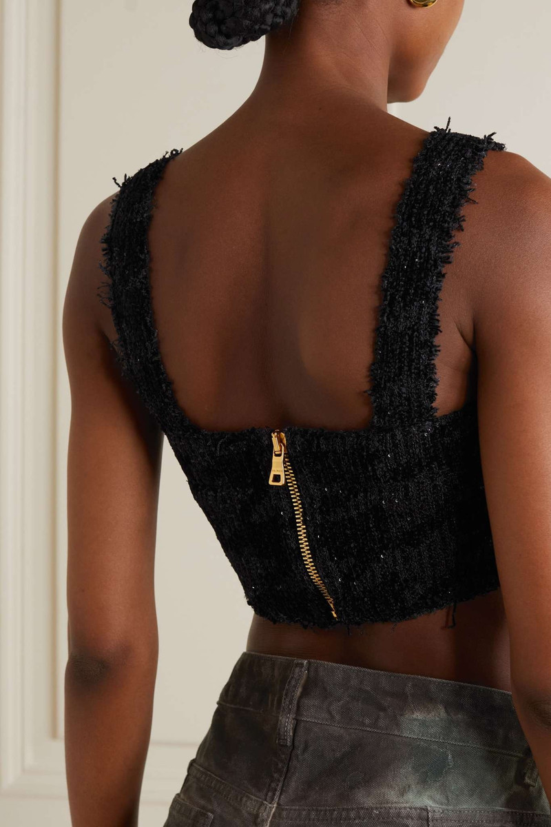 Cropped sequin-embellished houndstooth stretch-knit top 3