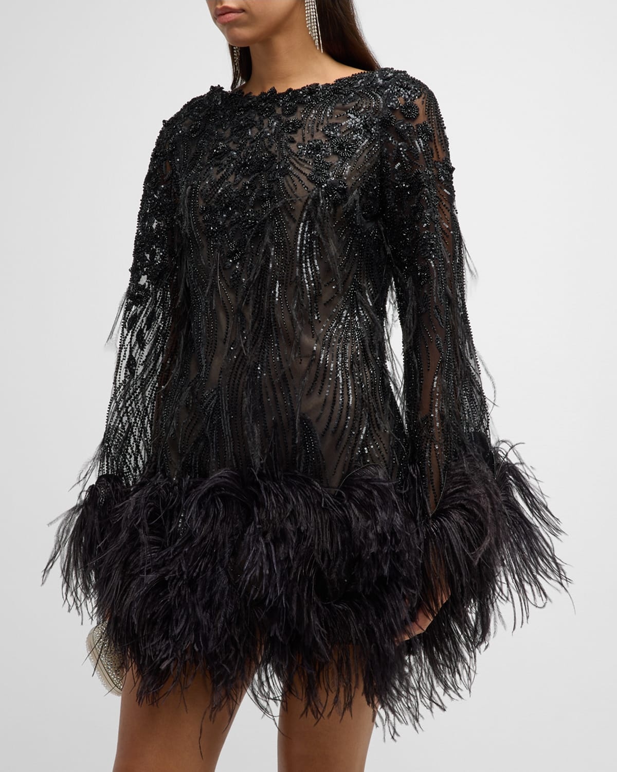 Embellished Mesh Long-Sleeve Mini Dress with Feather Trim - 4