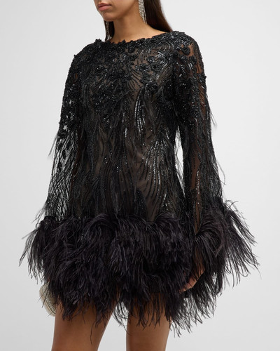 Marchesa Embellished Mesh Long-Sleeve Mini Dress with Feather Trim outlook