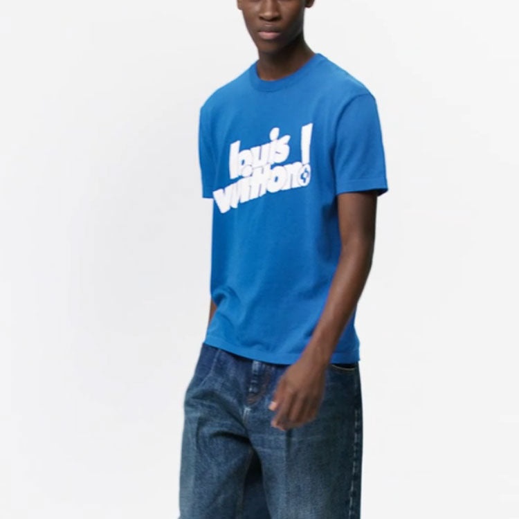 Men's LOUIS VUITTON FW21 Round Neck Logo Alphabet Printing Classic Short Sleeve Blue 1A971C - 4