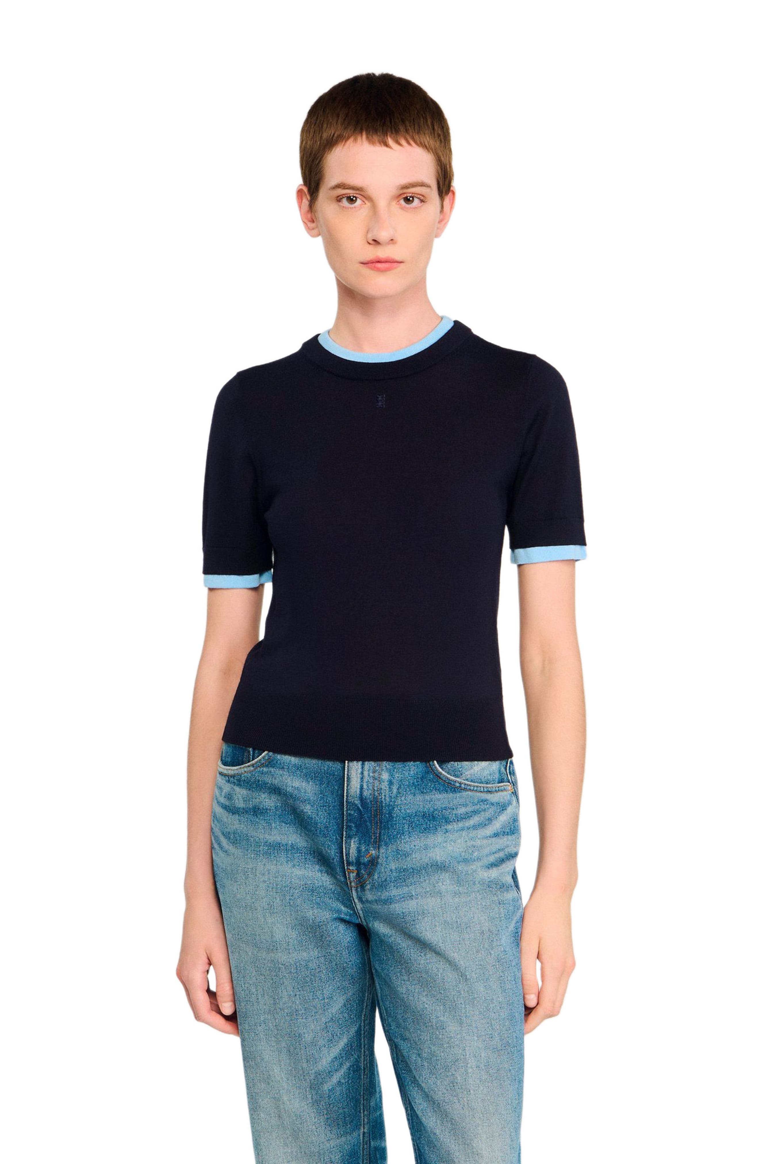 SANDRO Two-tone cropped sweater in Navy Blue at Nordstrom - 3