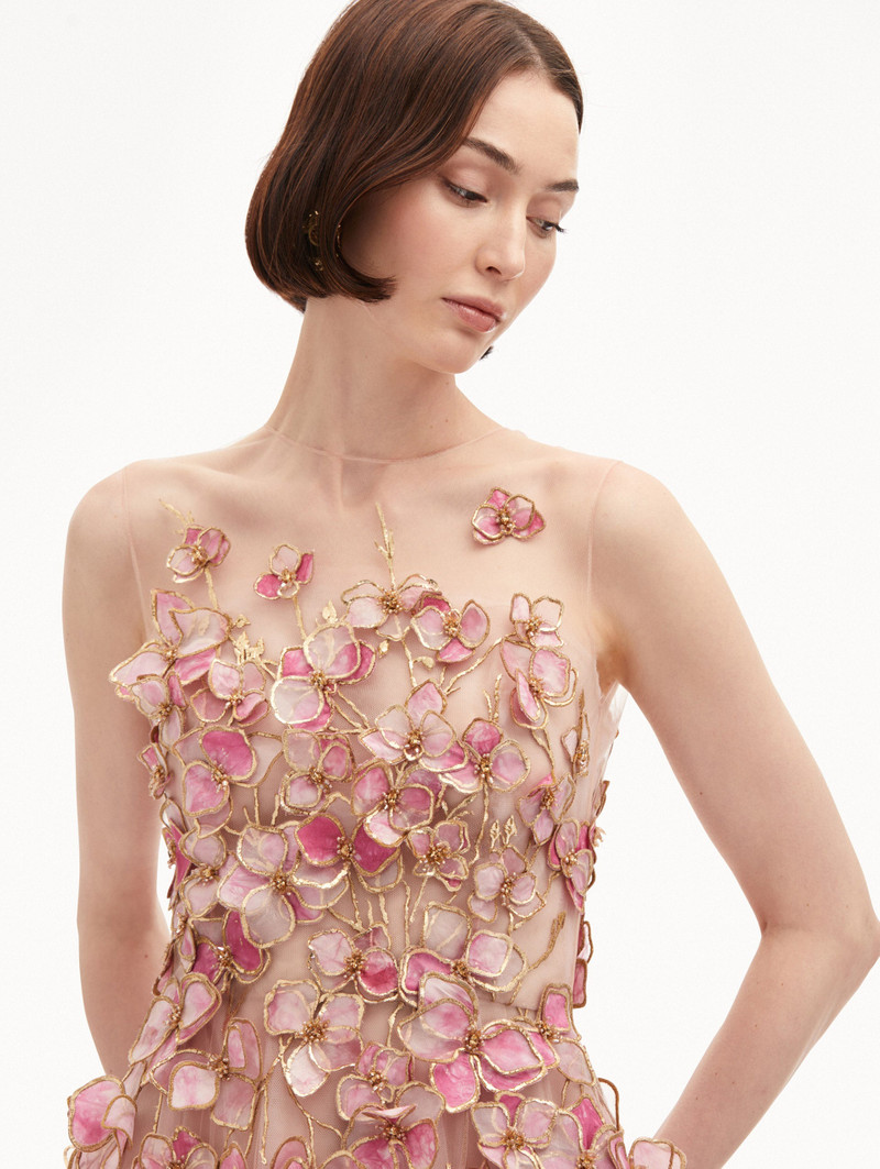 Oscar de la Renta ORCHID EMBROIDERED ORGANZA GOWN - 25RE030TUL_PIN |  REVERSIBLE