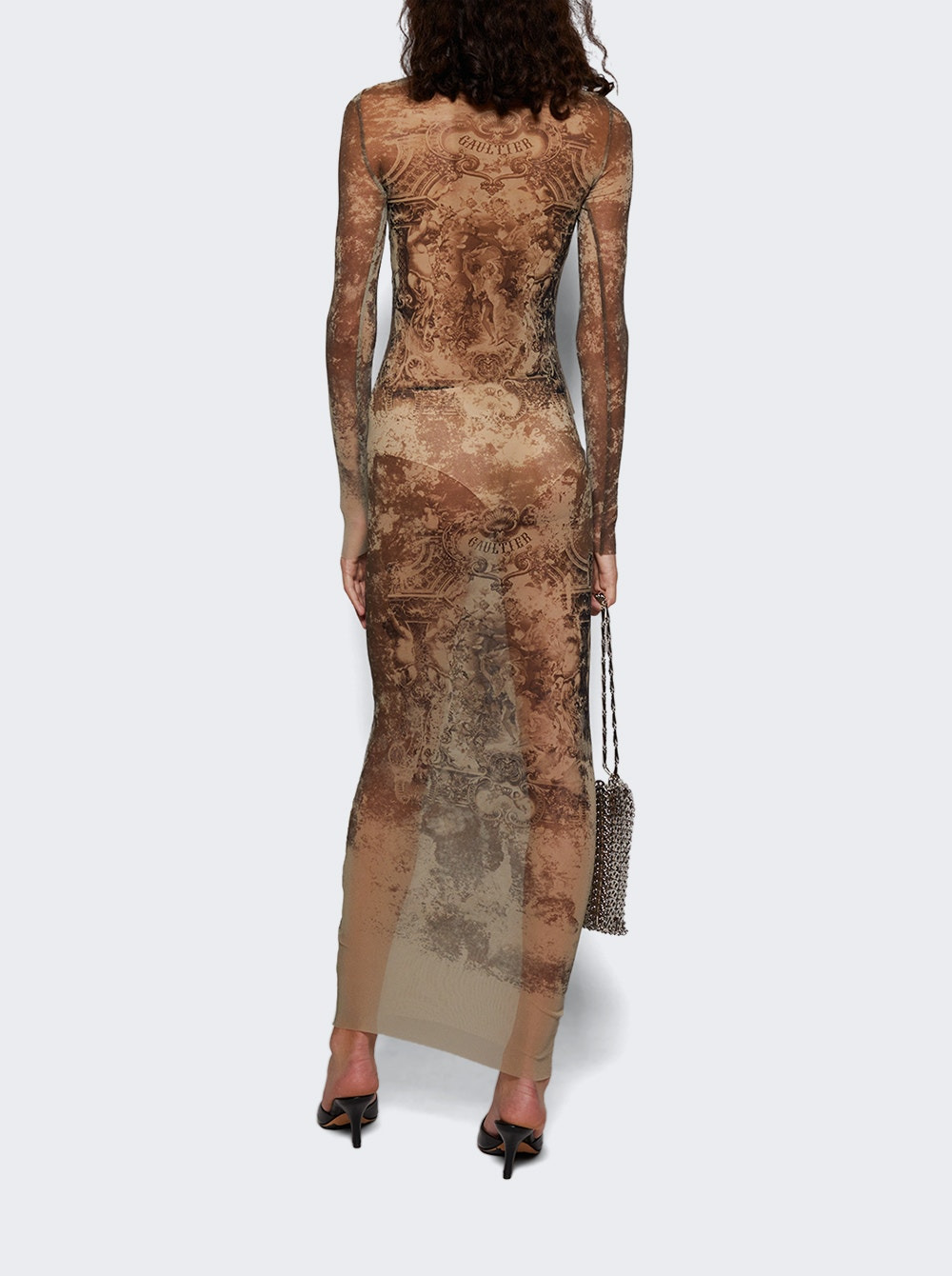 Long Mesh Dress Beige Médaillon Print - 4