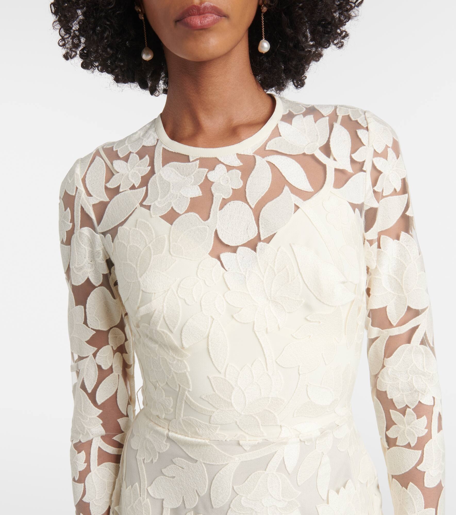 Floral embroidered tulle midi dress - 6