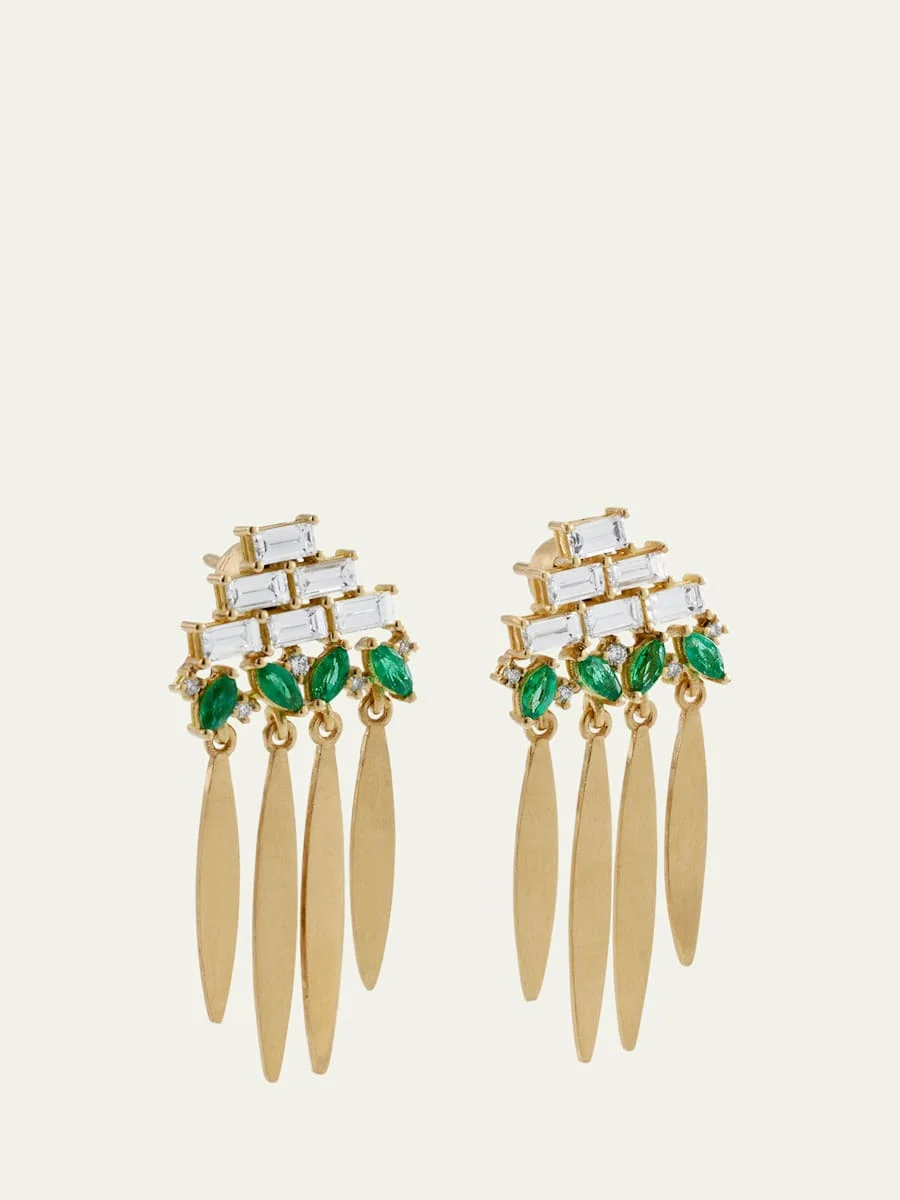 18K Yellow Gold Grass Spike Earrings with Diamonds and Emeralds - 1
