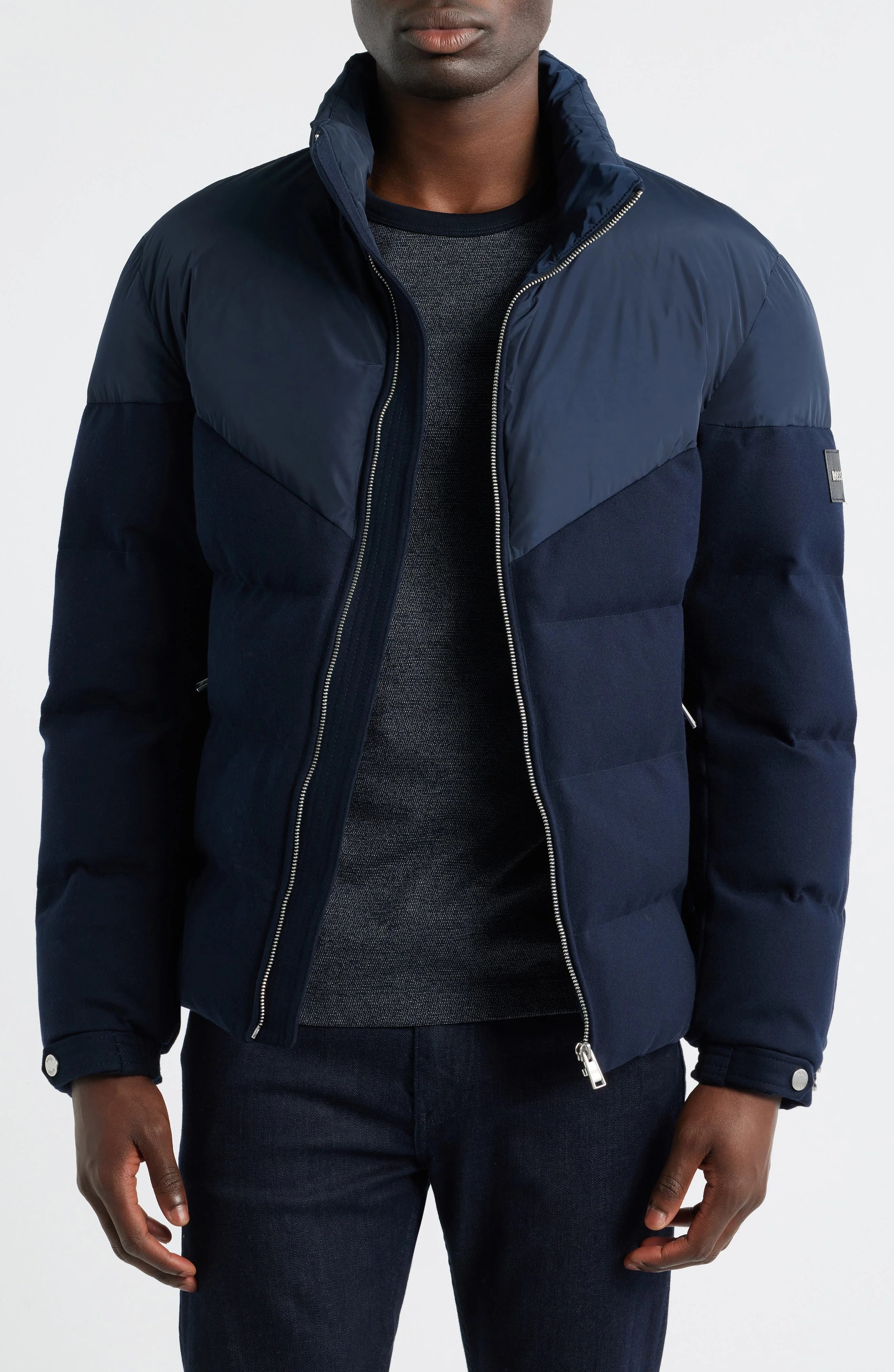BOSS Clanello 1 Mixed Media Puffer Jacket in Dark Blue at Nordstrom - 1