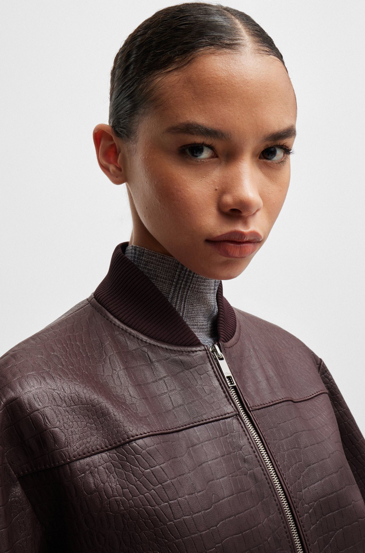 LEATHER BOMBER JACKET WITH EMBOSSED CROCODILE MOTIF - 5