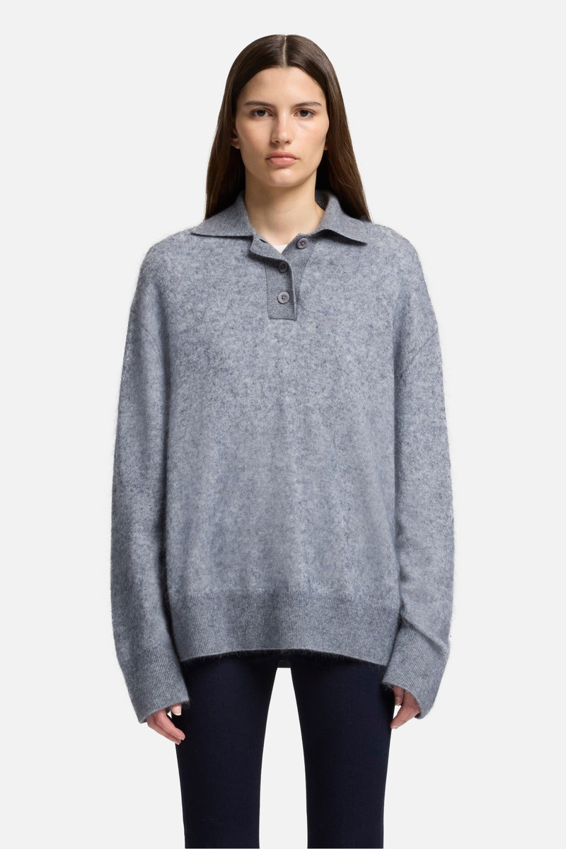 Cashmere Blend Fuzzy Polo Sweater in Grey 3