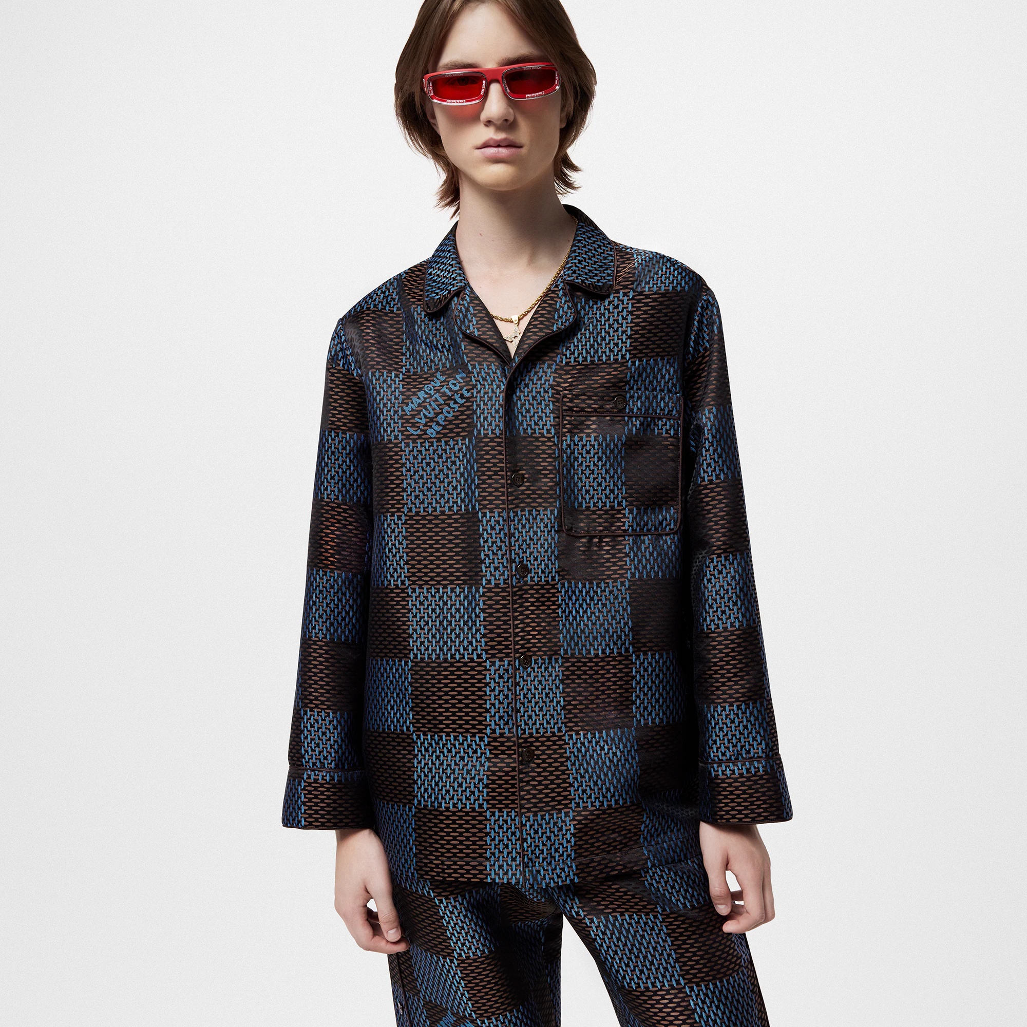 Long-Sleeved Damier Silk Pyjama Shirt - 2