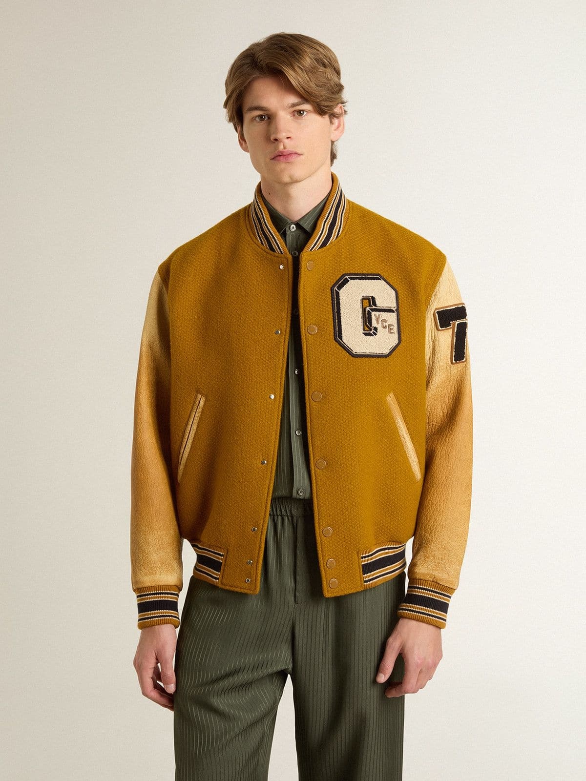 Ochre yellow wool bomber jacket with leather sleeves - 2