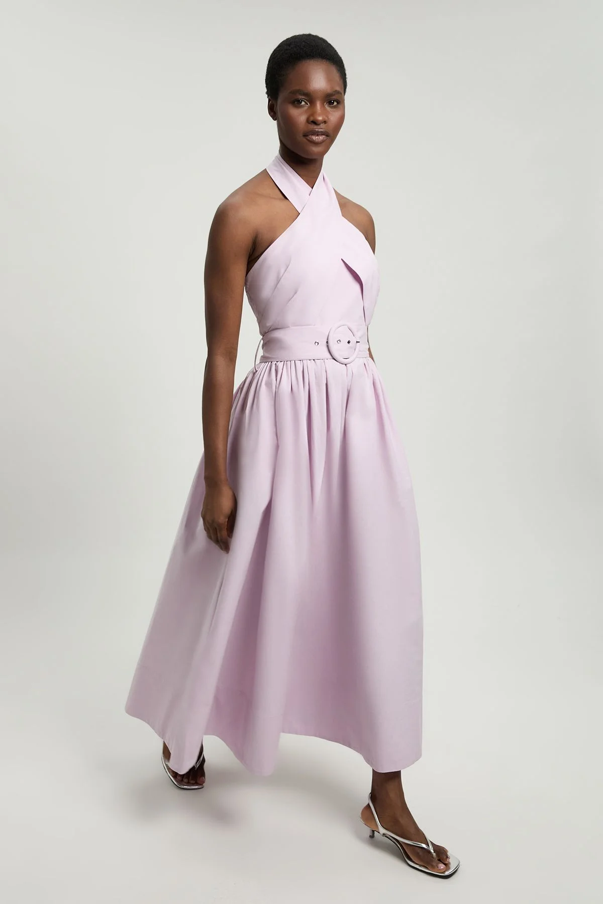 Cotton Poplin Cross Over Halter Neck Woven Midi Dress - 1