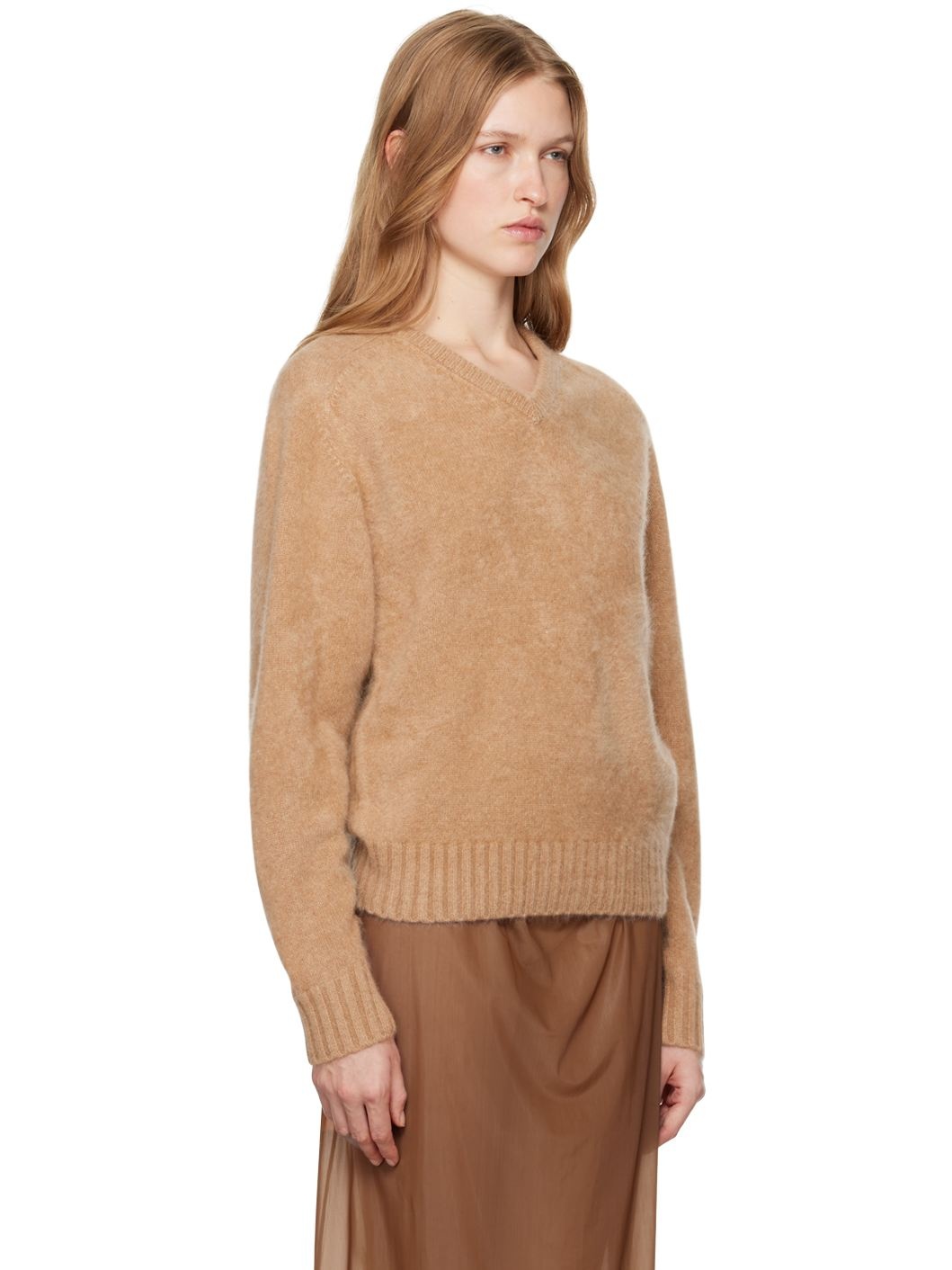 Beige V-Neck Brushed Cashmere Sweater - 2