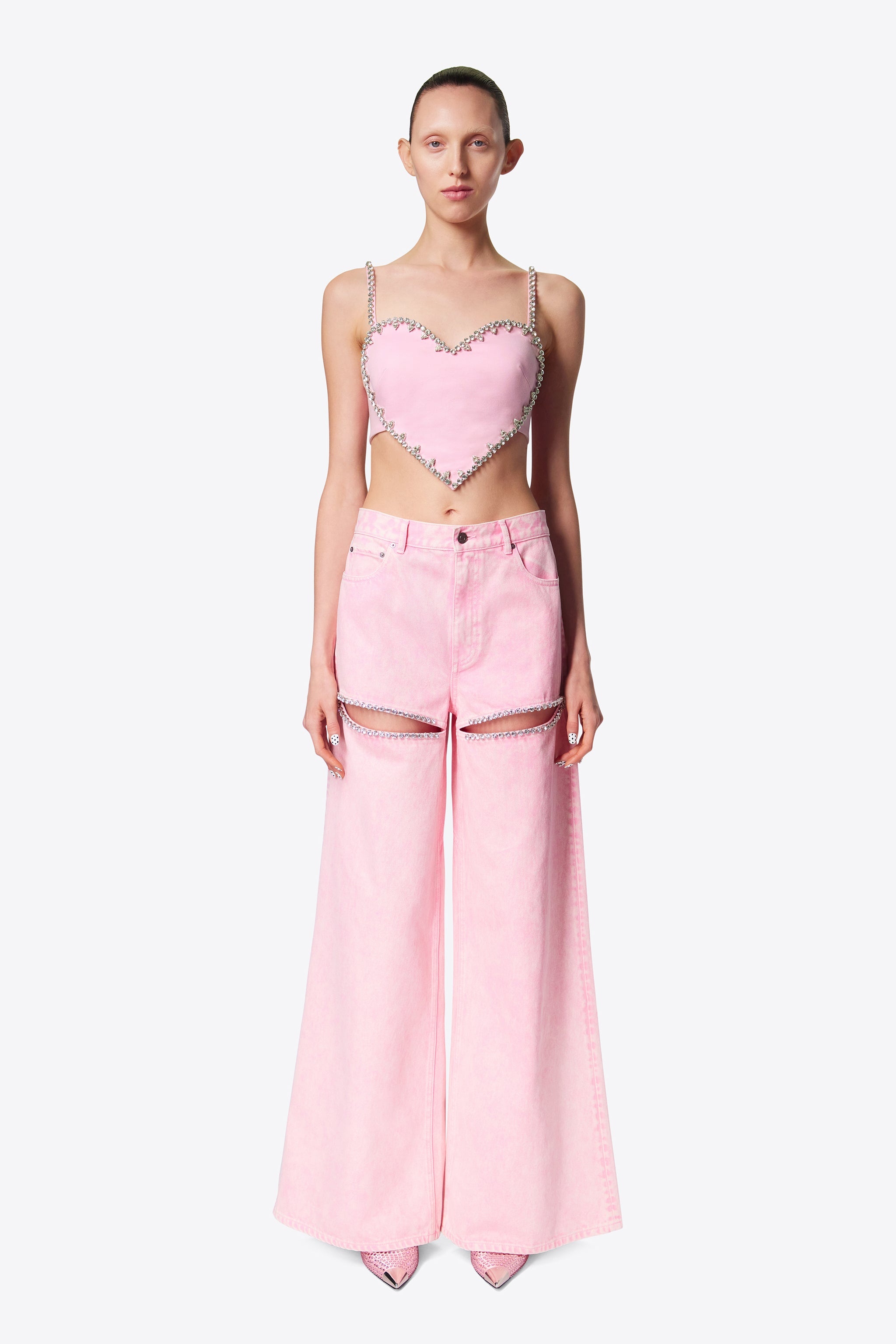 WIDE LEG CRYSTAL SLIT JEAN - 4