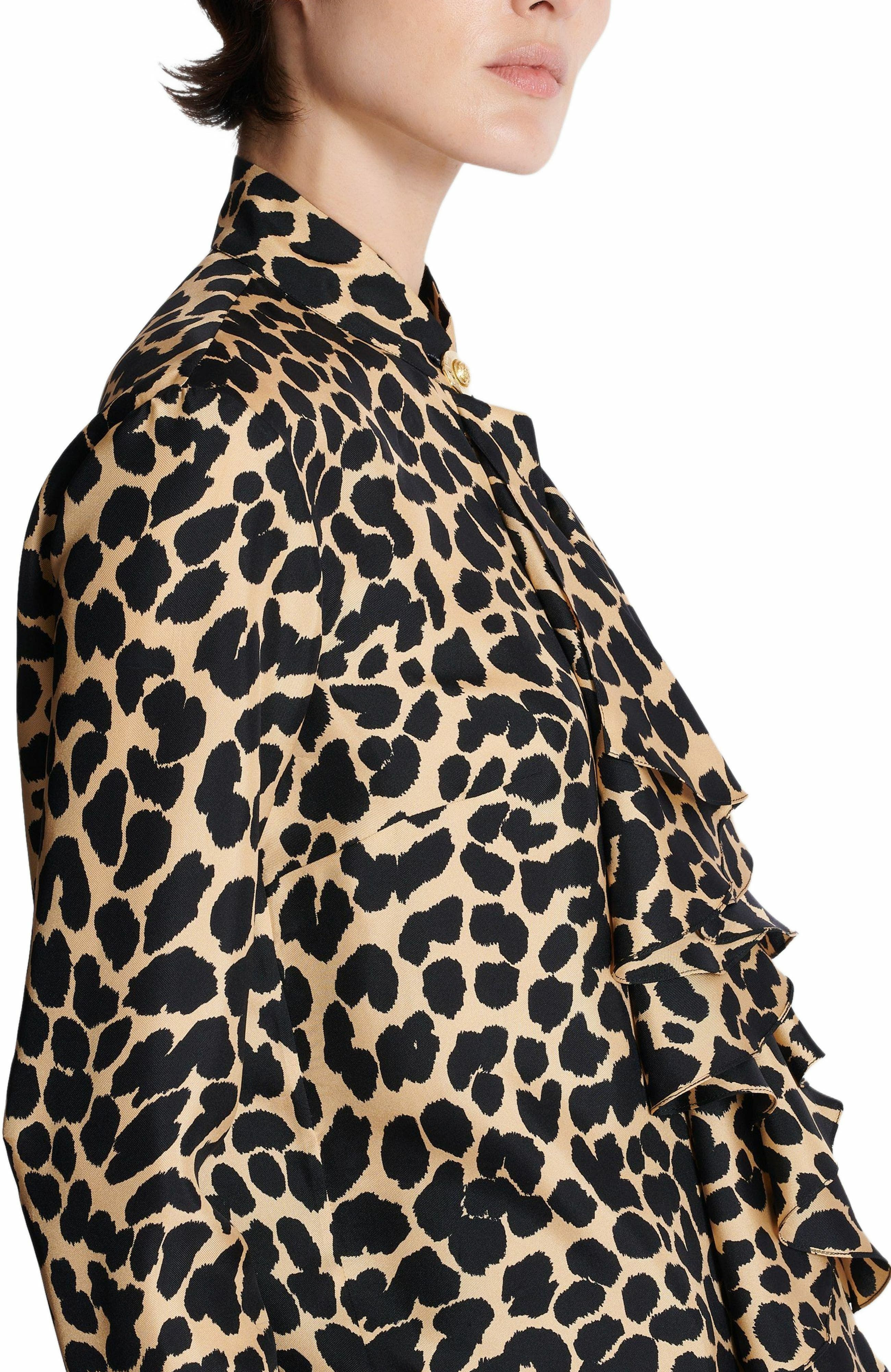 Balmain Leopard Print Ruffled Shirt in Black at Nordstrom - 7