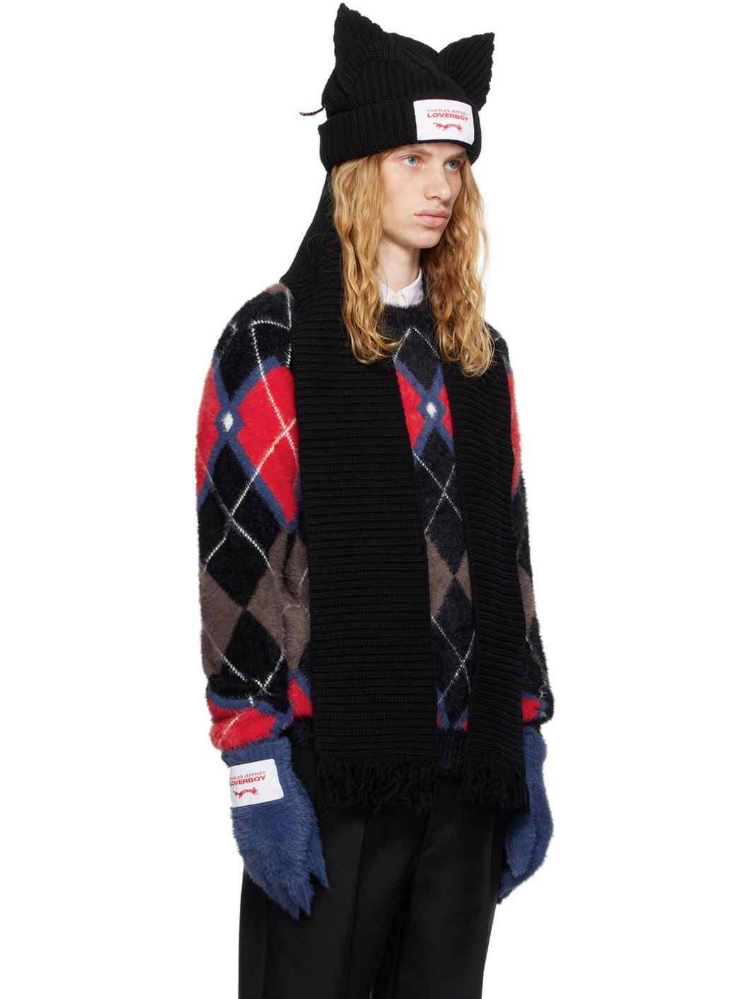 CHARLES JEFFREY LOVERBOY Black Chunky Ears Beanie Scarf