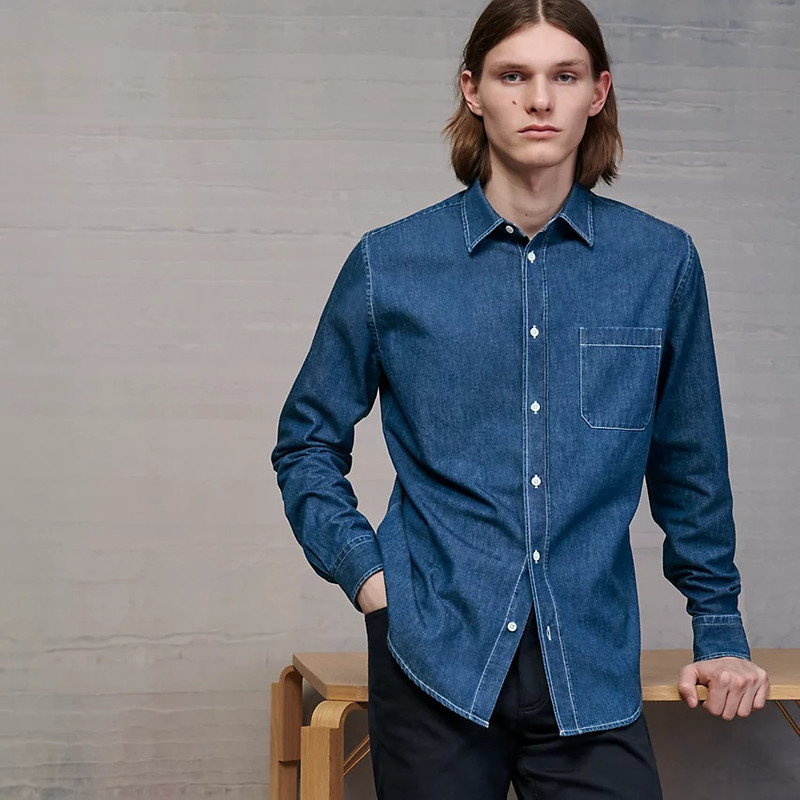 Fitted denim shirt with flexible collar 1