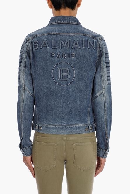 Vintage blue jean jacket with embossed Balmain Paris logo - 5