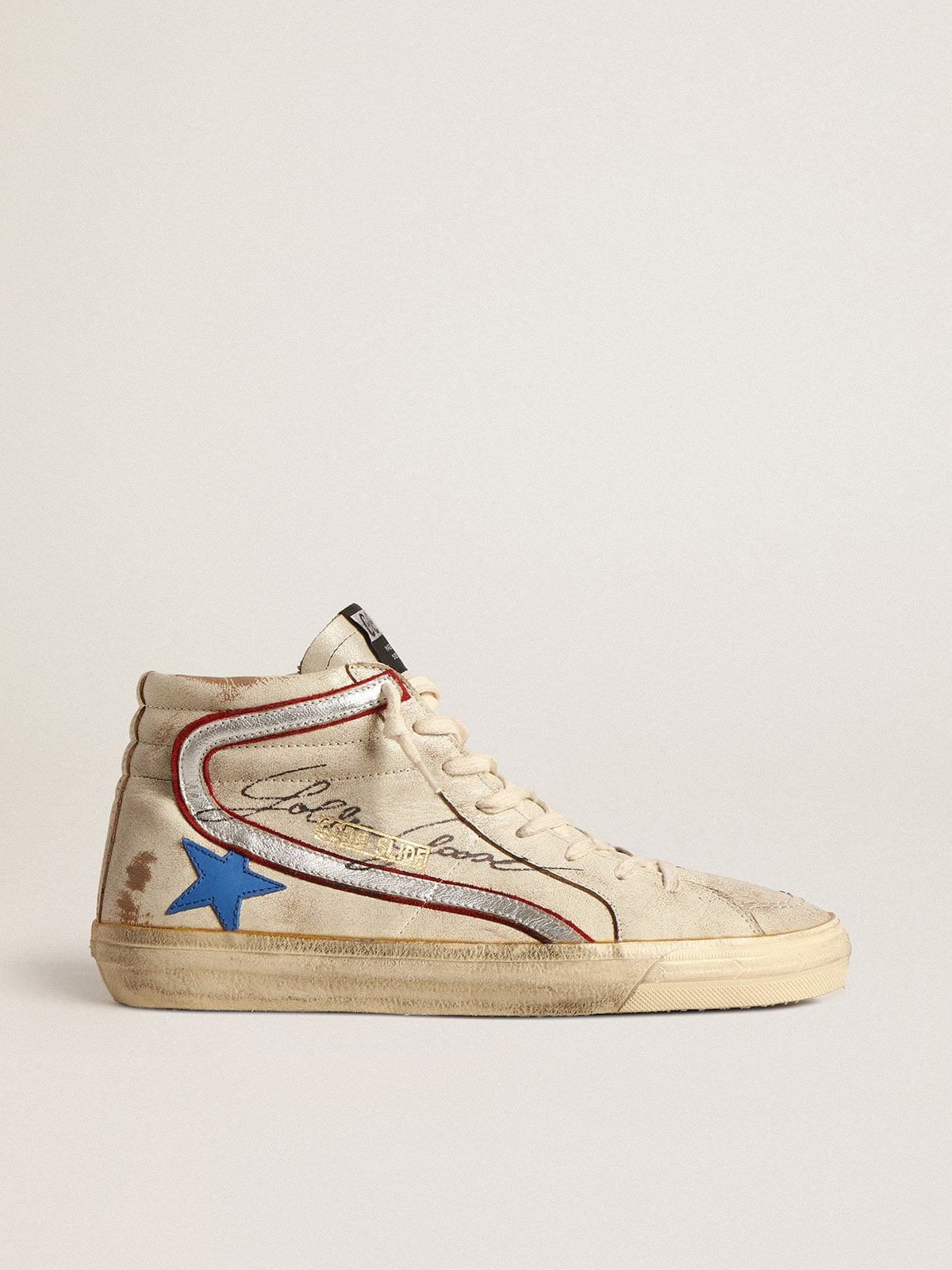 Slide LTD in ecru with bright blue star and silver leather flash - 1