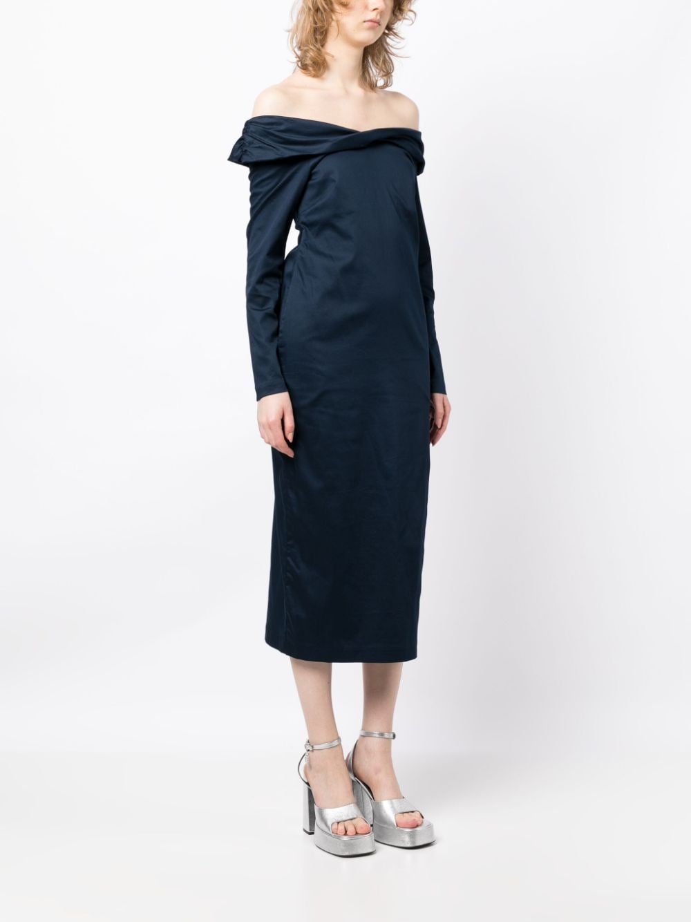 off-shoulder long-sleeve midi dress - 3