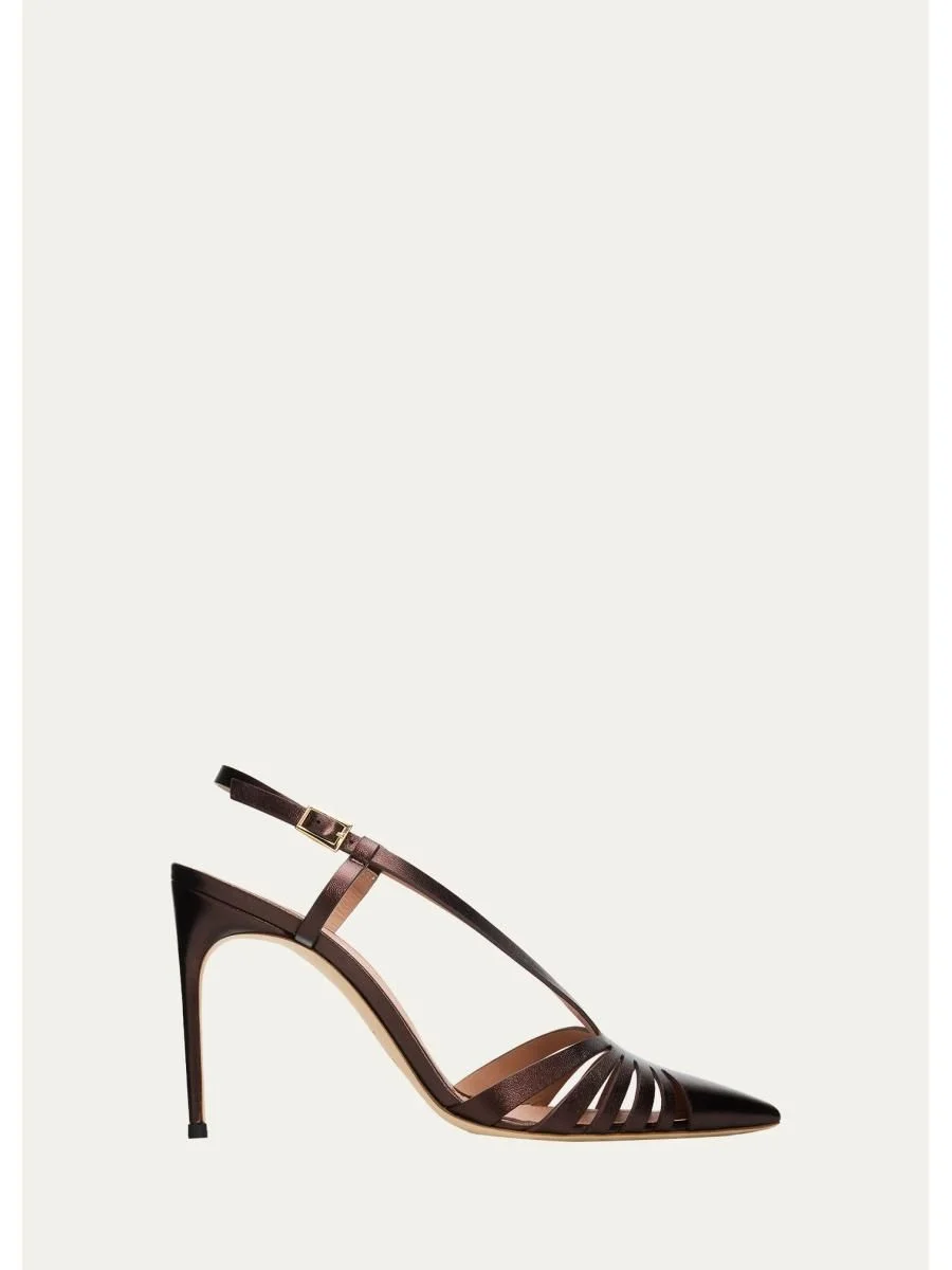 90mm Janette Metallic Leather Caged Slingback Pumps - 1