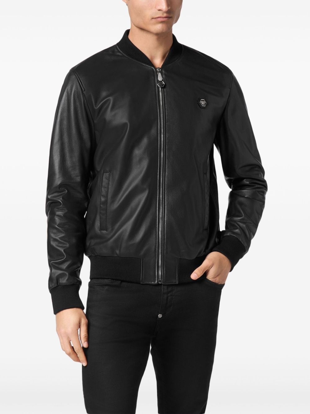 logo-patch leather jacket - 3