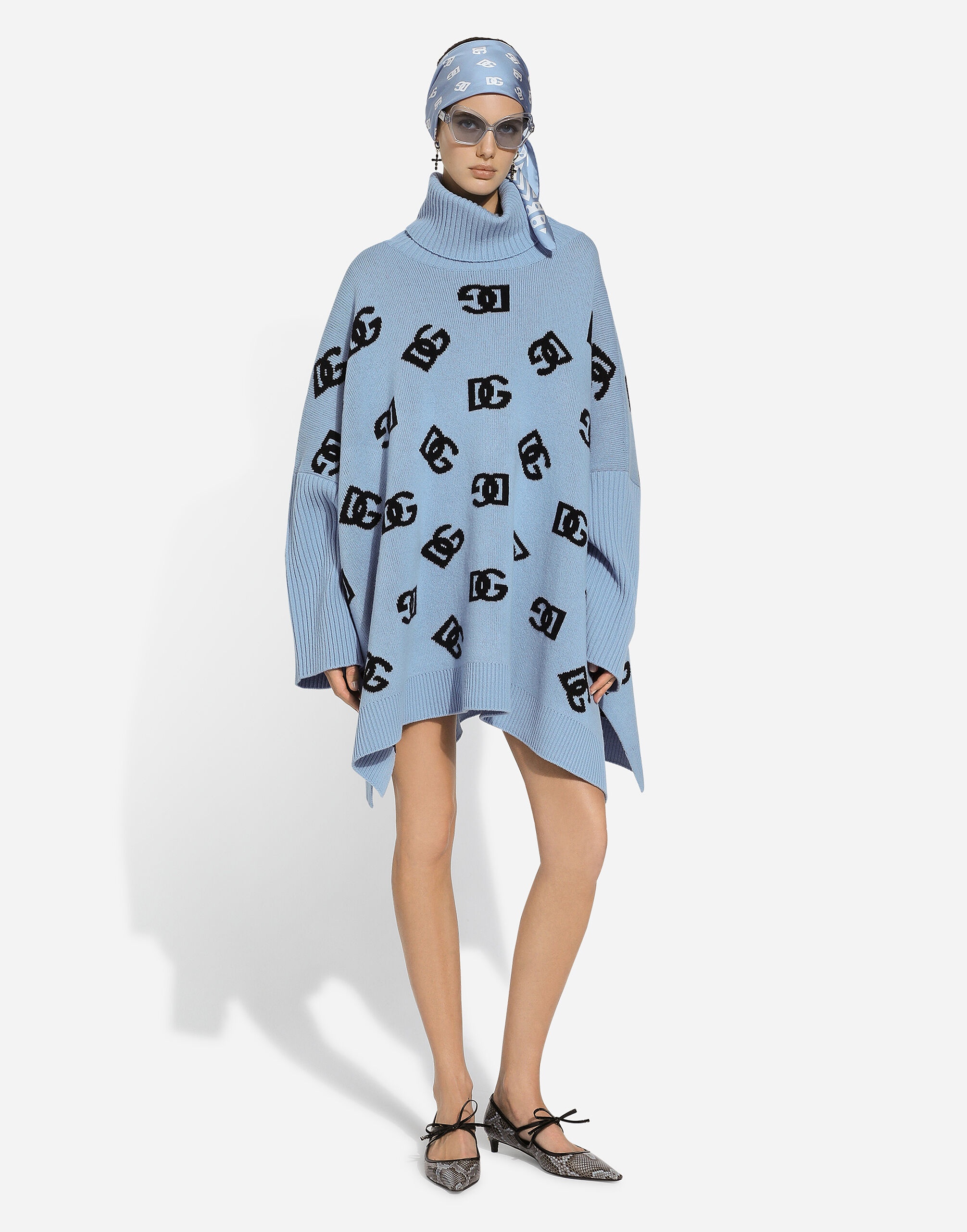 Wool turtle-neck poncho with DG logo inlay - 2