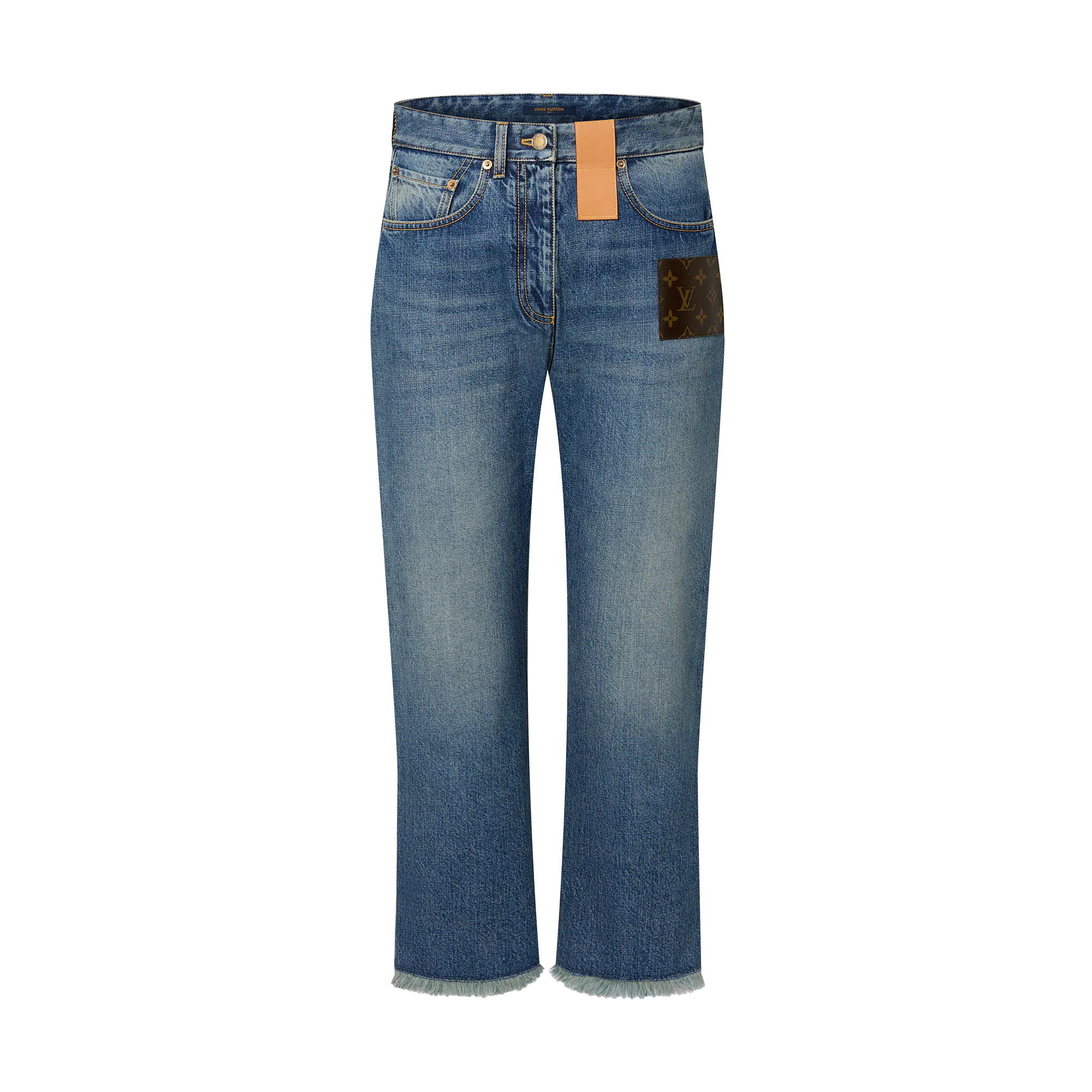 Frayed Hem Stonewashed Monogram Patch Jeans - 1