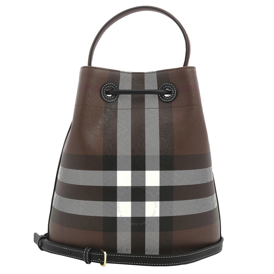 Burberry Dark Birch Brown Logo Plaque Checked Drawstring Shoulder Bag - 4