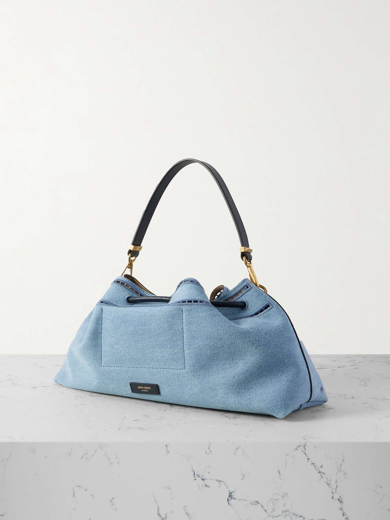 Cinch leather-trimmed broderie anglaise denim shoulder bag Light denim - 3