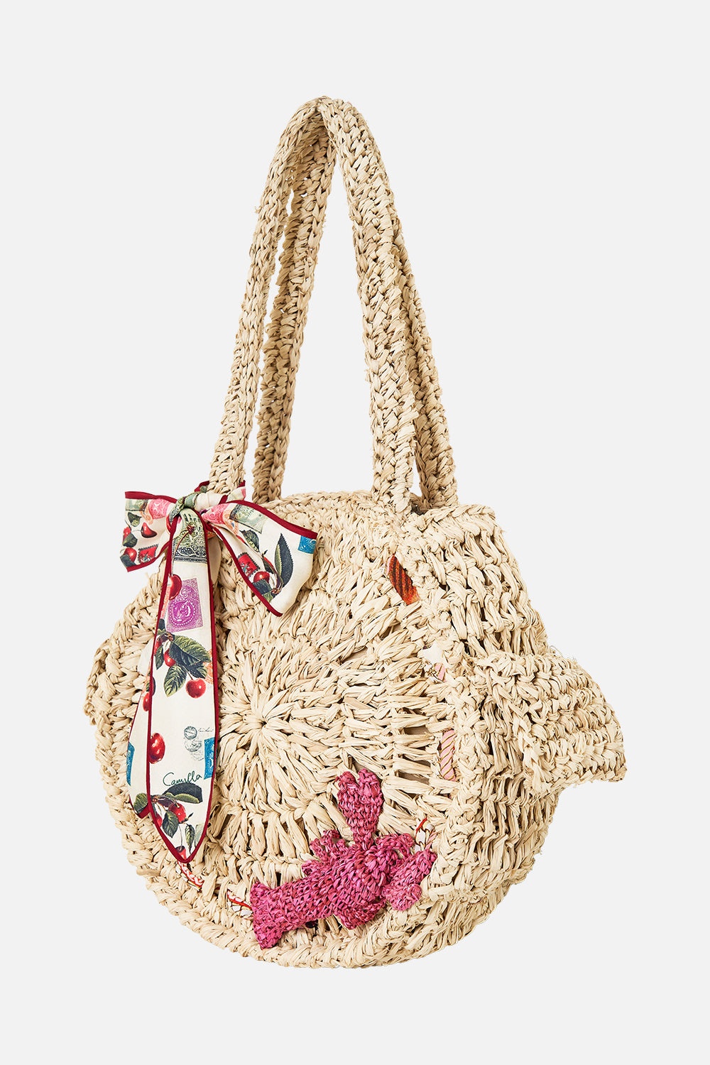 RAFFIA ROUND SHOULDER BAG WITH SCARF BOW - 2