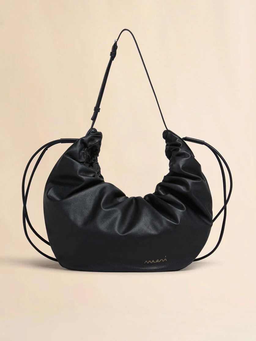 BLACK LEATHER SCRUNCHIE MEDIUM HOBO BAG - 1