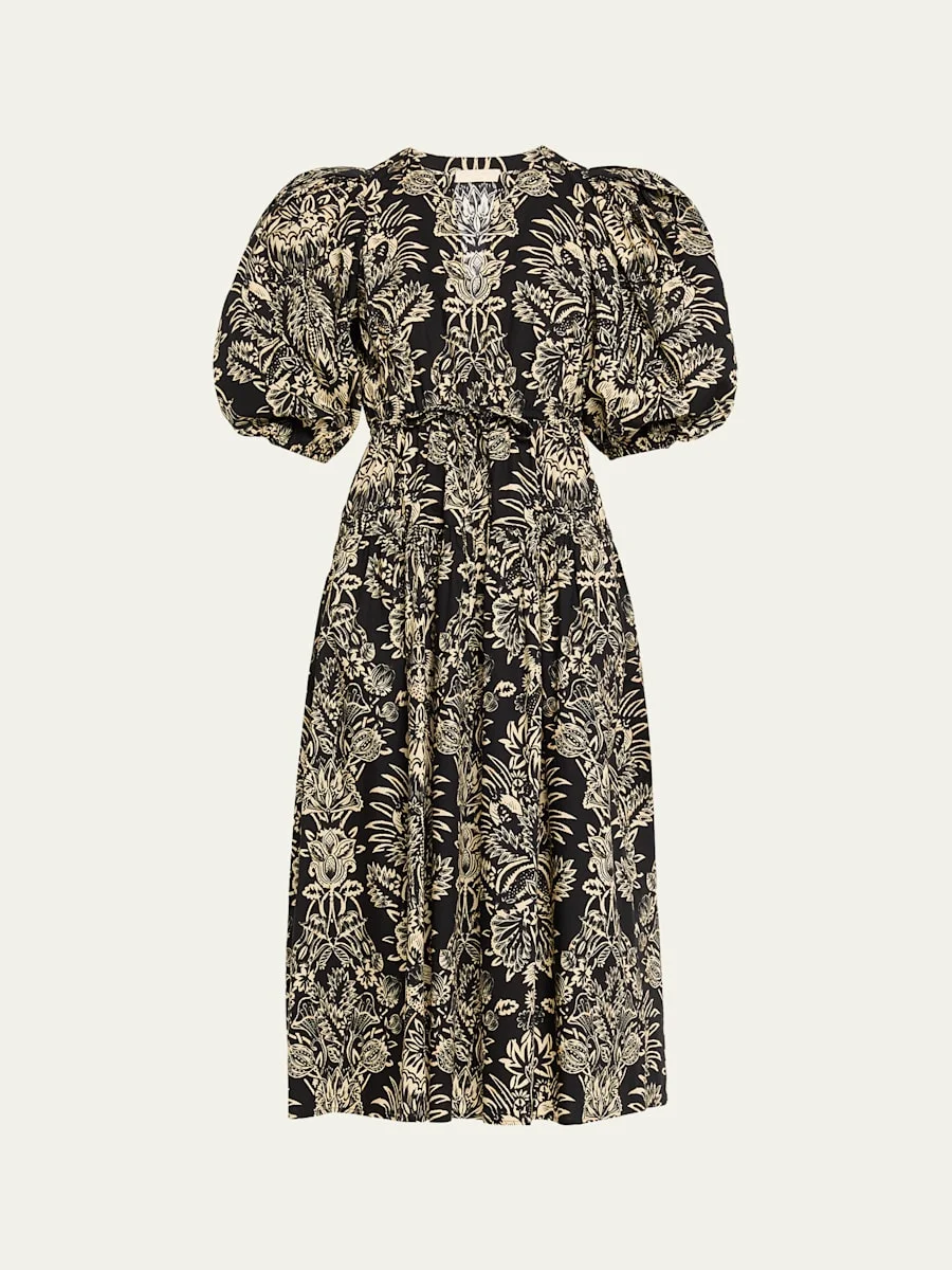 Harriet Floral Poplin Puff-Sleeve Midi Dress - 1