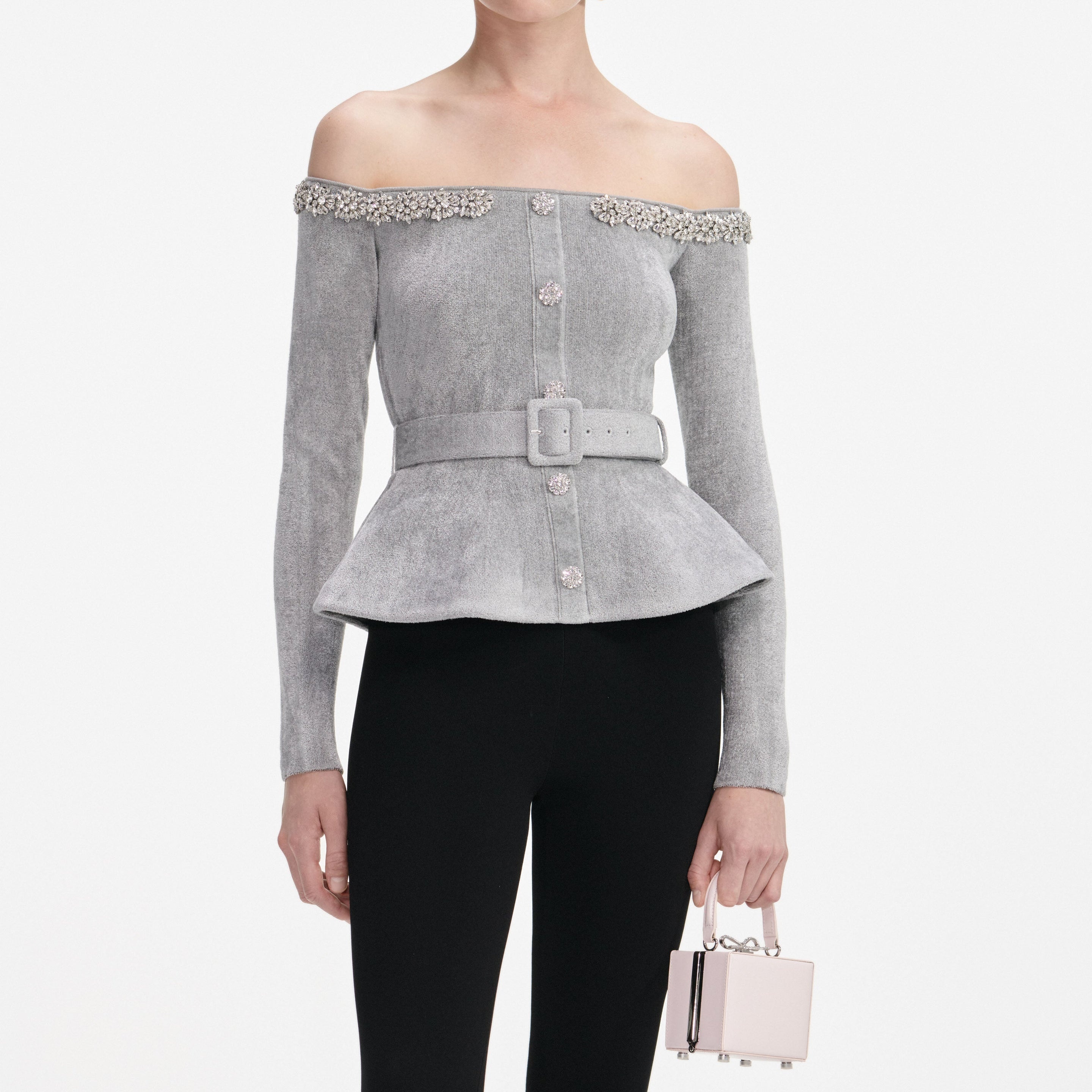 Grey Chenille Knit Crystal Trim Top - 4