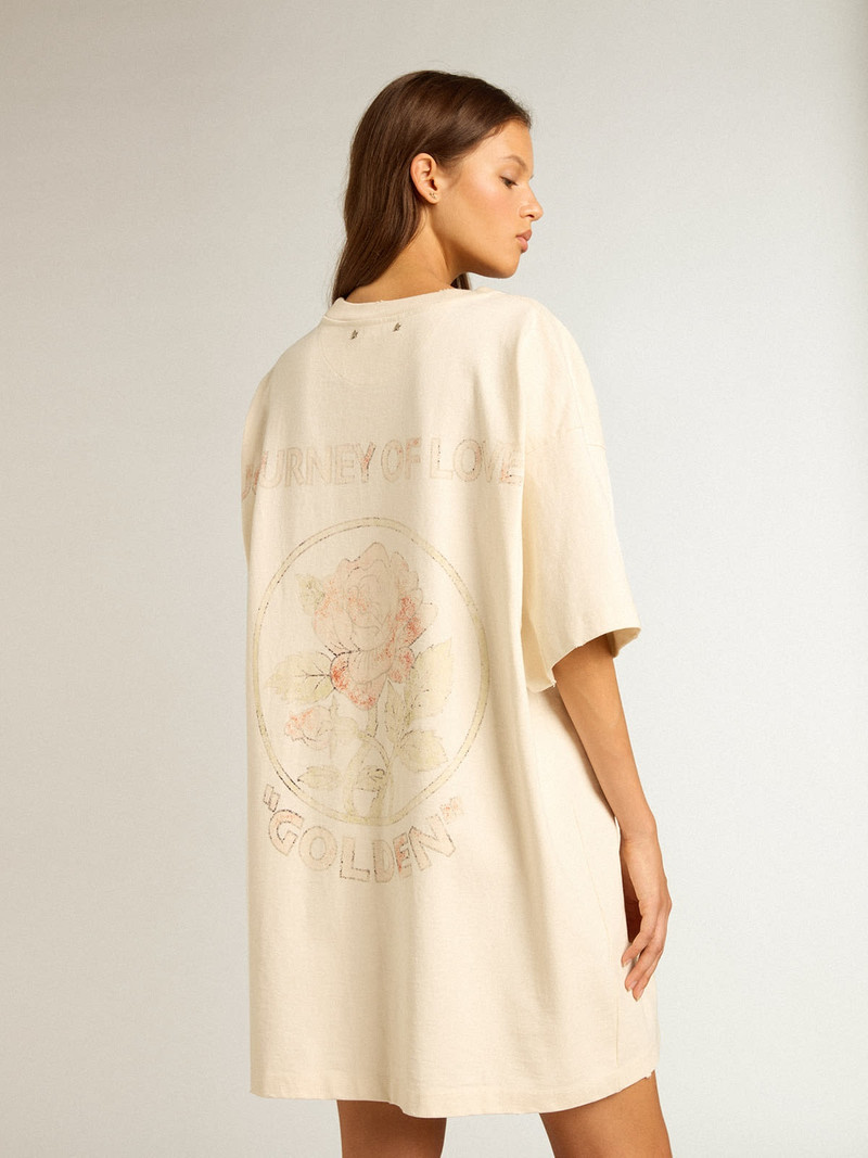 Aged white cotton T-shirt dress with embroidered design 4