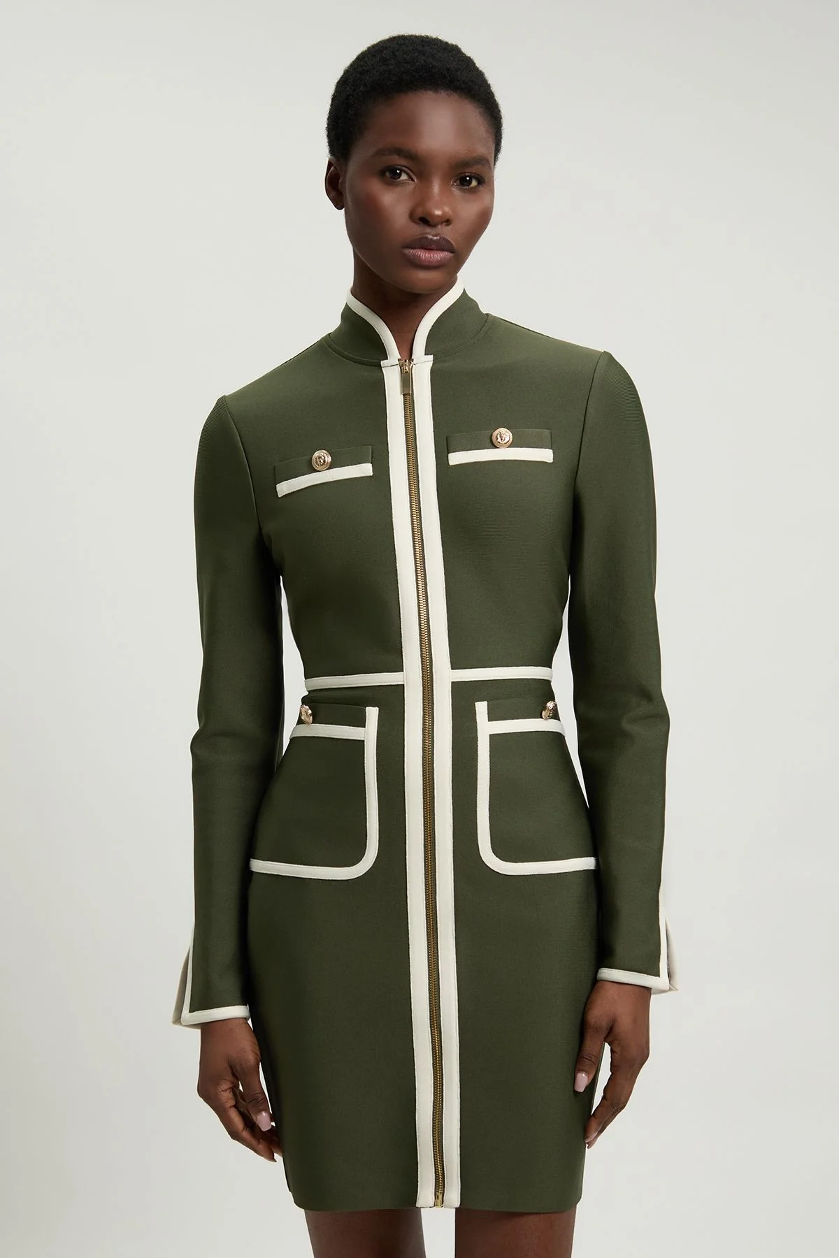 Figure Form Bandage Knit Piping Detail Military Mini Dress - 1