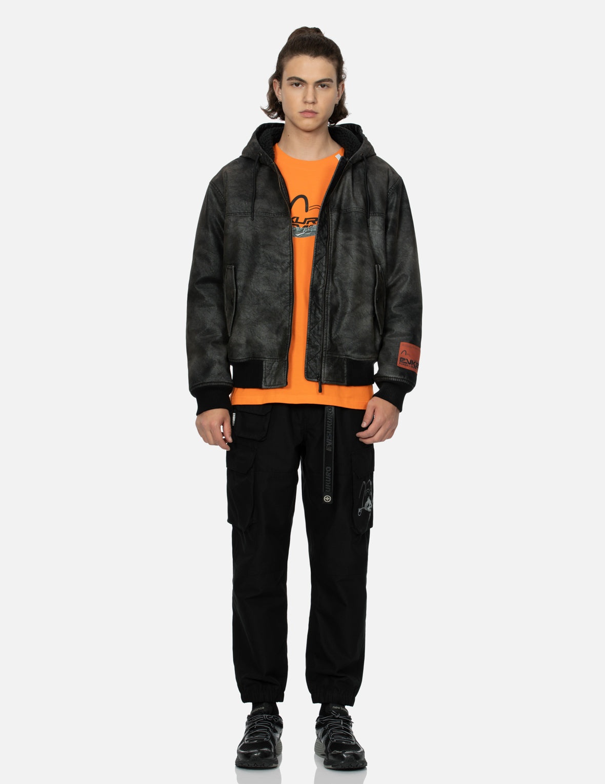 Hooded Grain Pattern Regular Fit Leather Bomber Jacket - 5