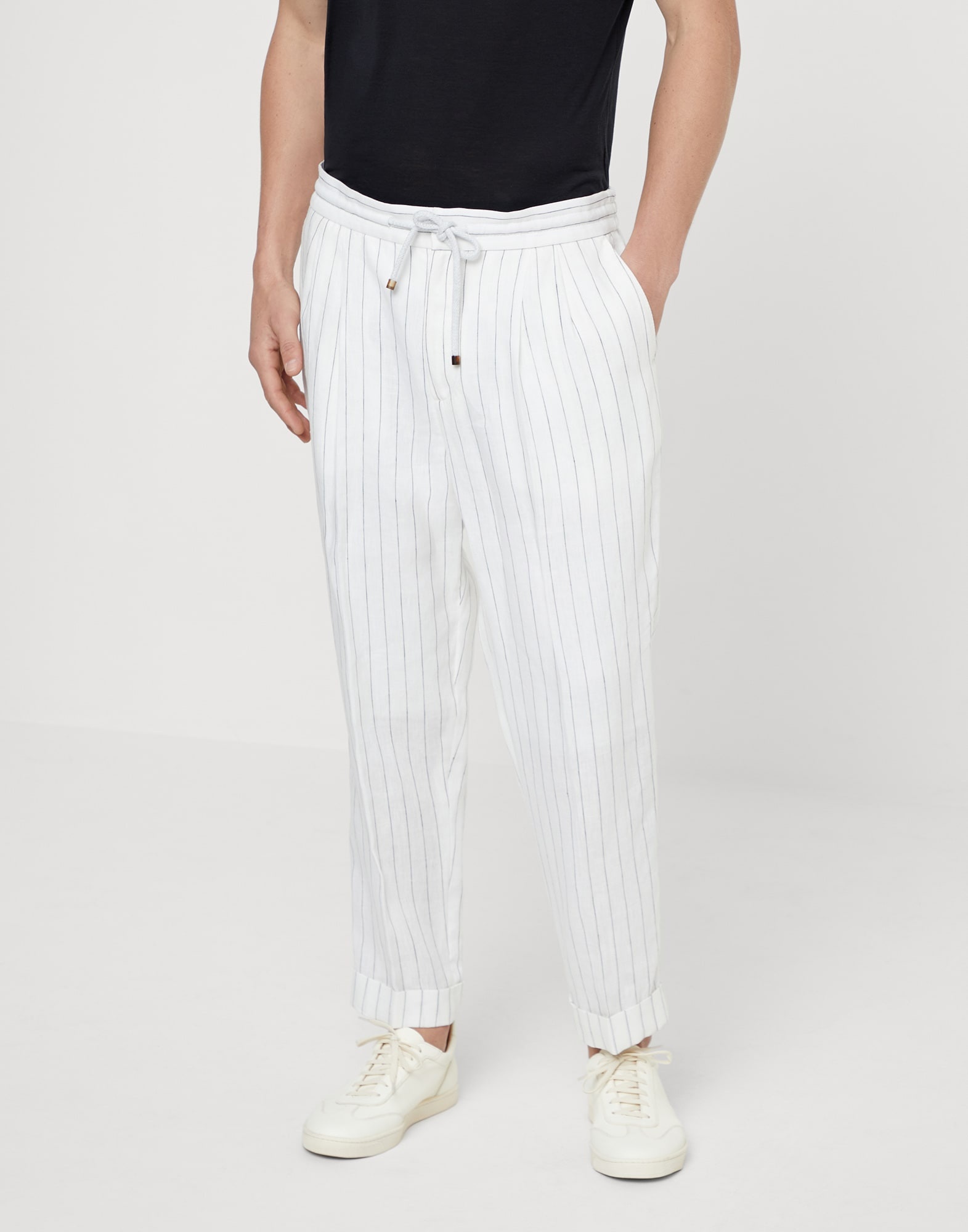 Linen chalk stripe leisure fit trousers with drawstring and double pleats - 1