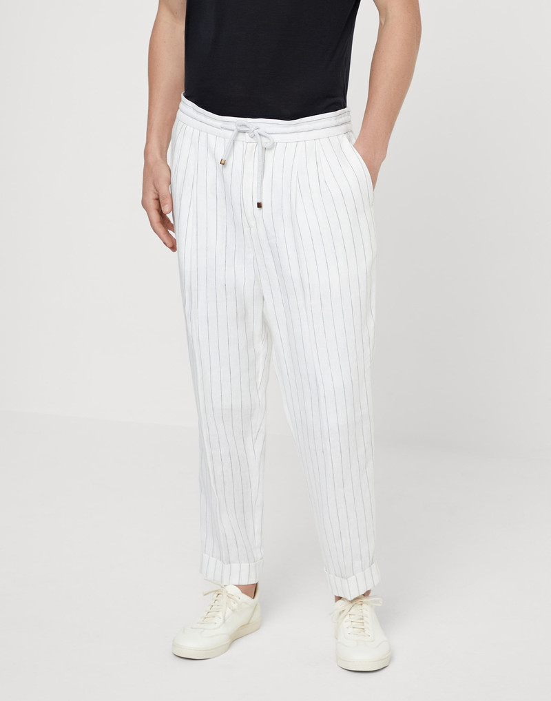 Linen chalk stripe leisure fit trousers with drawstring and double pleats 1